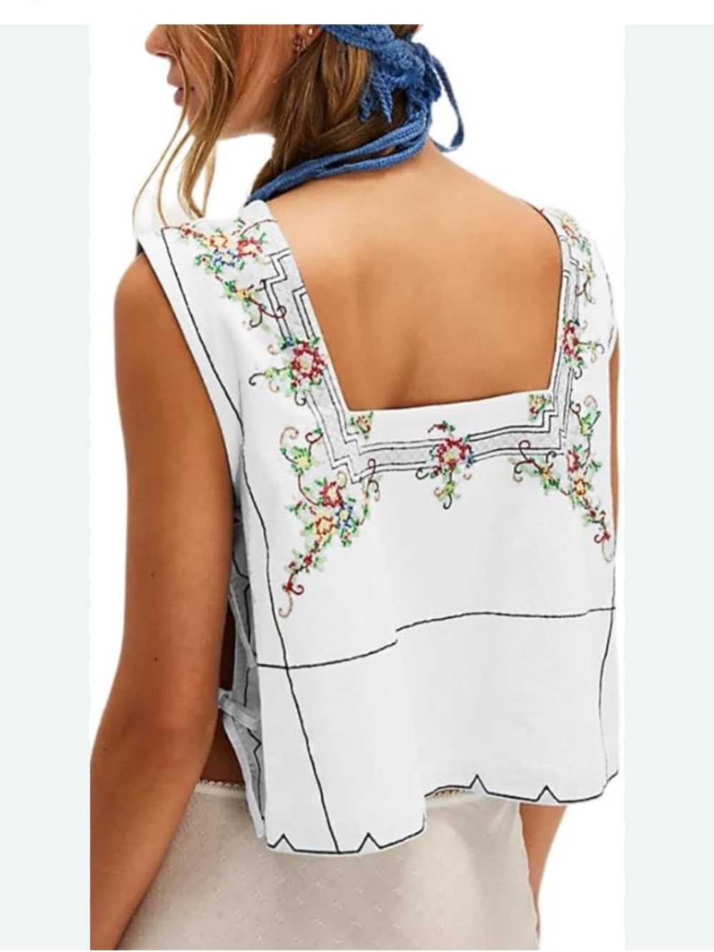 NWOT Embroidered With Side Ties Cream Crop Tank Top Size M - Picture 2 of 8